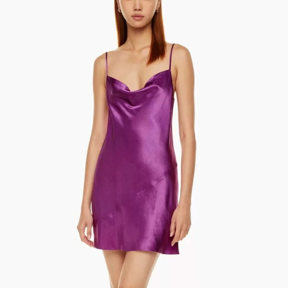 Aritzia Babaton Model Satin Cowl Neck Mini Dress NWT Grapevine Purple Burgundy - Picture 2 of 9